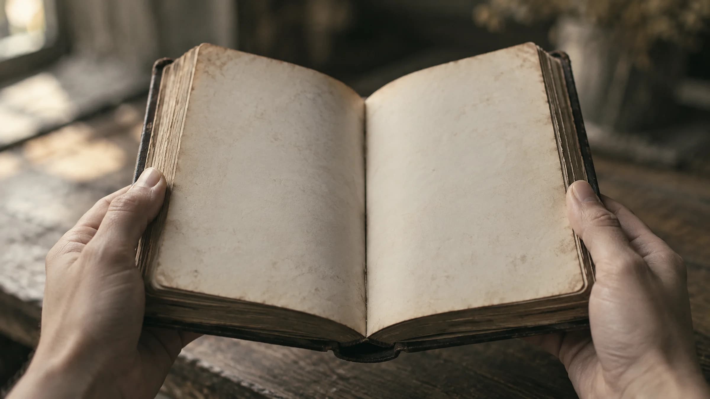 Two hands holding an open worn book with blank pages, above a wooden table.
