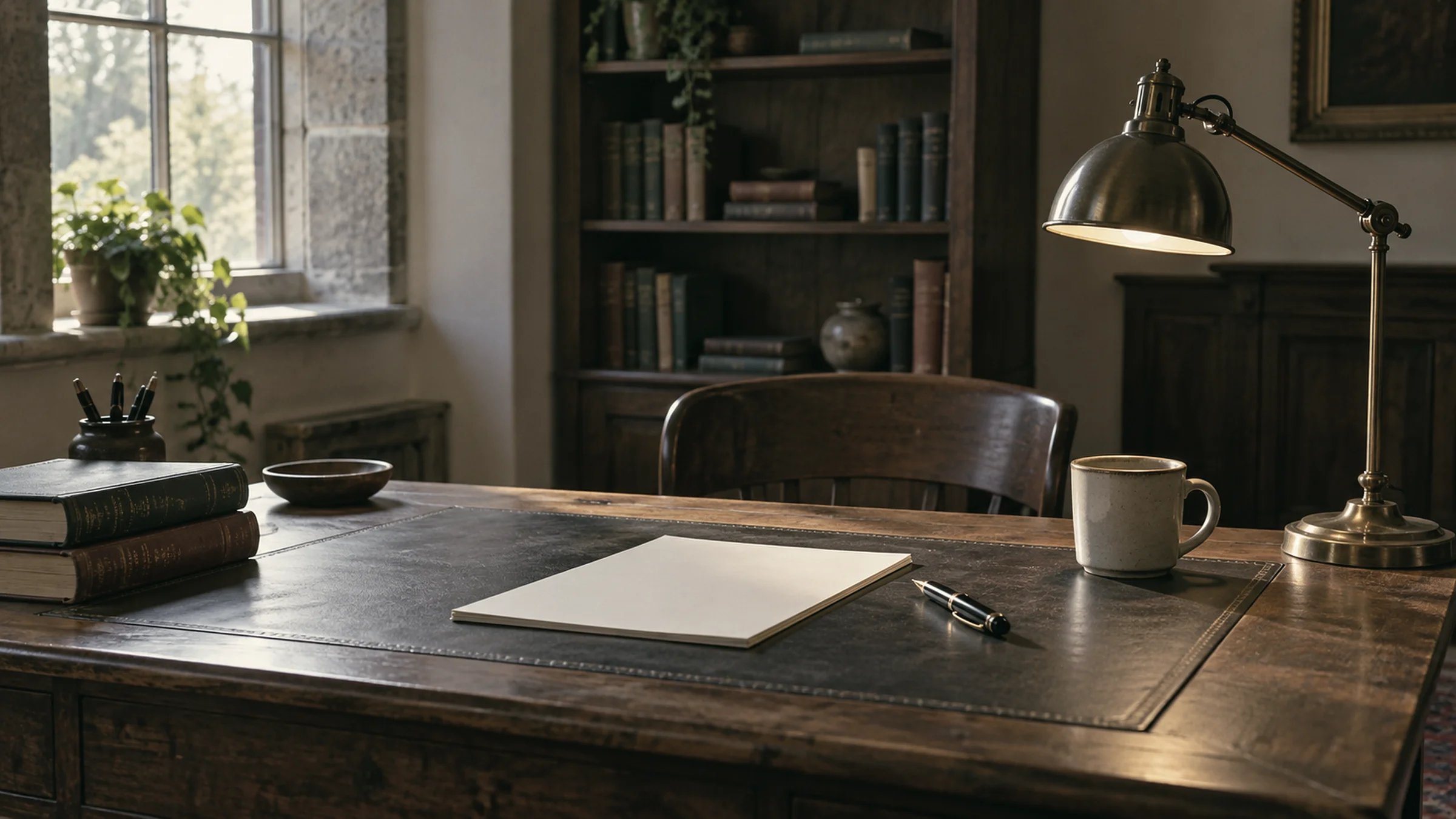 A wooden office desk with a blank sheet of paper, a pen, a lamp, and books, and no person seated there.